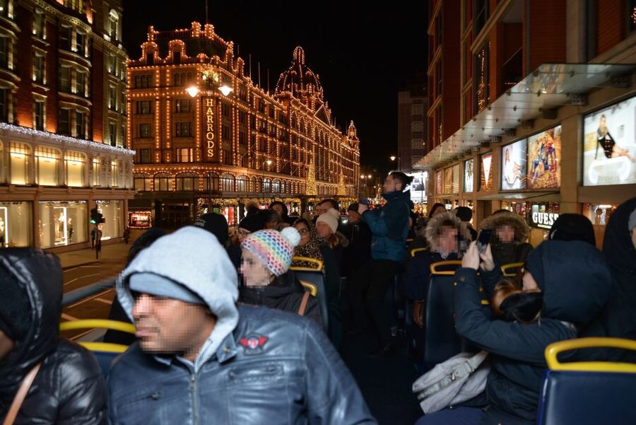 London: London by Night Sightseeing Open-Top Bus Tour - Trafalgar Square fountains and Piccadilly Circus: the energy peaks